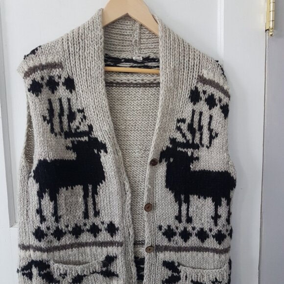 Boho Cowichan Cardigan Button Front Knit Wool Sweater Vest - Picture 2 of 15